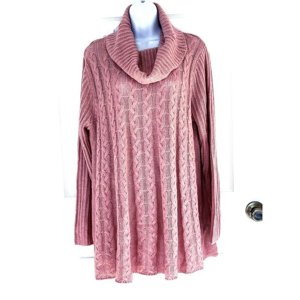 Womens Cable Knit Sweater Tunic Cowl Neck XL Oversized Slouchy Cozy Pink